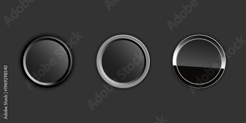 Vector set of glossy black and metallic round buttons with chrome frames. Realistic 3D design elements for web and app UI UX.