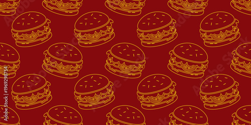 seamless pattern of burger vector illustration. outline style burger on red background