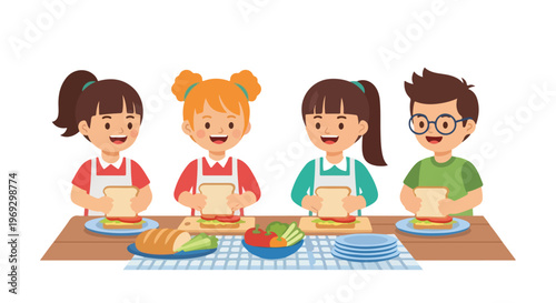 Four happy young children are gathered around a wooden table, cheerfully preparing and assembling delicious sandwiches with fresh ingredients.
