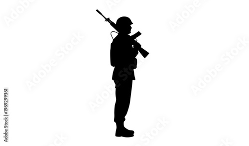 Military soldier standing with rifle silhouette vector illustration isolated on white background discipline concept