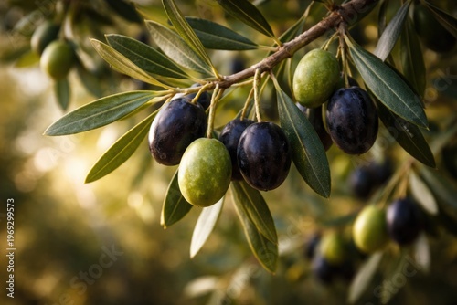 close up of a single olive tree branch with ripe olives
