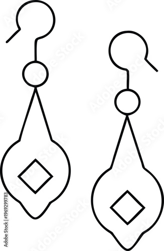 Line drawing of elegant dangle earrings with a geometric diamond accent