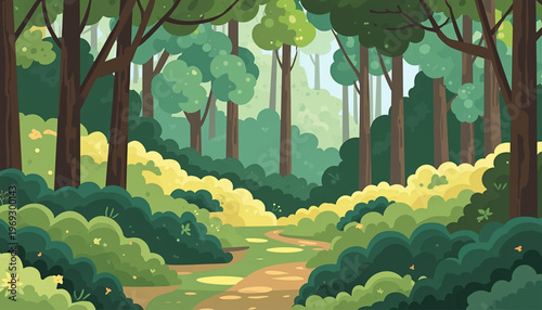 Cartoon forest, green trees, bushy landscape, vector illustration, nature background