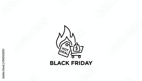 Black Friday Hot Deal Icon: Shopping Cart with Fire and Dollar Sign