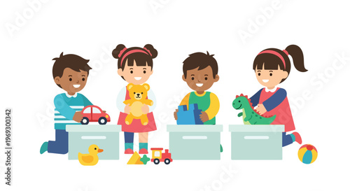 Four happy diverse children are tidying up their colorful toys into white storage bins in a clean, minimalist vector illustration style.