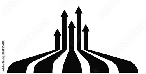 Five dark gray arrows pointing upwards from diverging paths, representing growth and success.