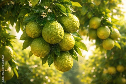 Sunlit bergamot fruit clusters hanging on vibrant green tree branches