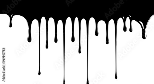 Smooth Black Liquid Drips Seamlessly on Transparent Background, Creating a Viscous Glossy Paint or Oil Border for Creative Design Projects and Abstract Overlays
