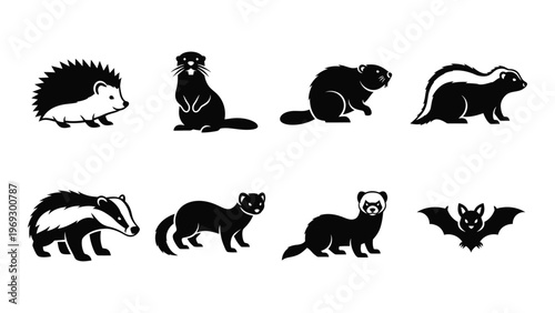 A collection of various north american mammals depicted in a stark black and white graphic style silhouette high quality professional detailed