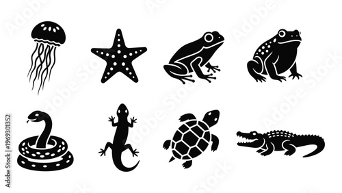 A collection of black silhouettes depicting various aquatic and terrestrial animals including a jellyfish and crocodile silhouette high quality professional detailed