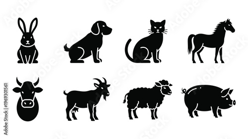 A collection of farm and wild animals depicted in a minimalist black style showcasing a striking silhouette high quality professional detailed