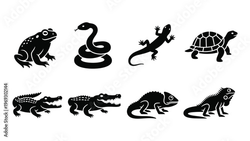A collection of various reptile and amphibian silhouettes including frogs snakes lizards turtles and alligators silhouette high quality professional detailed modern