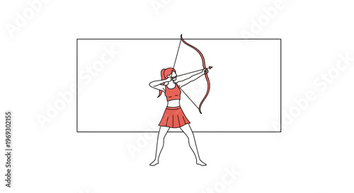 Woman Archer Aiming Bow and Arrow, Focused Concentration, Athletic Stance, Red Outfit
