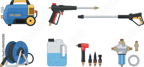 Pressure washer equipment set including spray gun hose reel nozzles and water filter isolated vector illustration for cleaning tools maintenance and industrial washing applications