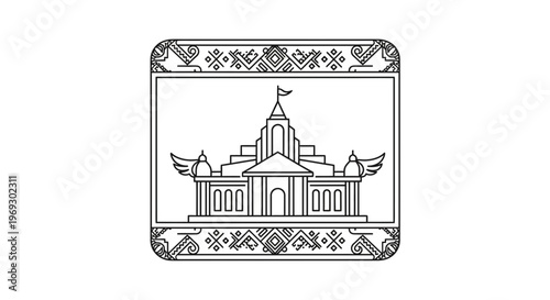 Stylized Temple Building with Wings and Ornate Border - Line Art Icon