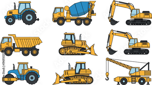 Set of colorful construction machinery vehicles including excavator bulldozer crane truck tractor and mixer isolated vector illustration for industrial engineering and building equipment design
