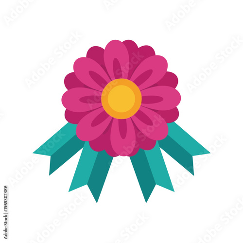 Award flower vector pattern with pink rosette and teal ribbon in flat cartoon style