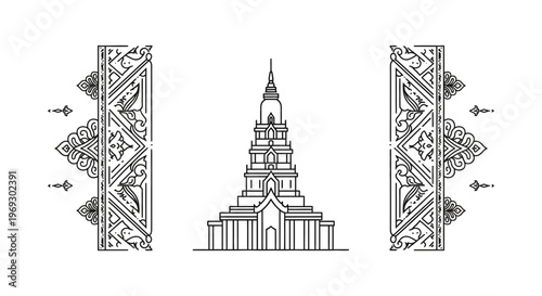 Thai Temple Architecture Line Art Icon with Decorative Borders
