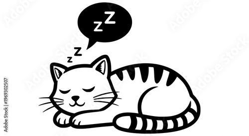 Cute vector black and white silhouette of a sleeping striped cat, curled up peacefully with closed eyes and a 'ZzZ' speech bubble. Represents calm, rest, and cozy feline comfort.
