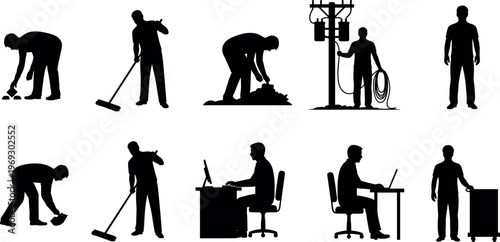 Set of worker silhouettes including cleaner electrician office employee and manual labor activities representing different professions and daily work tasks isolated vector illustration