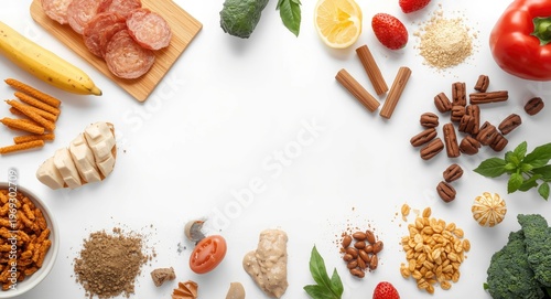 Visual concept of food allergens arranged on white background alongside copy space