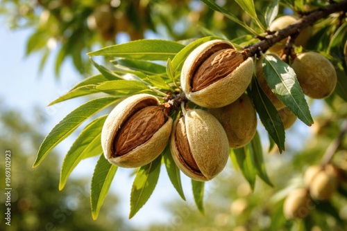 Close up of almond tree with ripe nuts on a sunny summer day