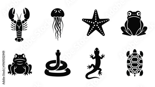 A collection of marine and terrestrial animal icons presented in black offering a minimalist design silhouette high quality professional detailed modern