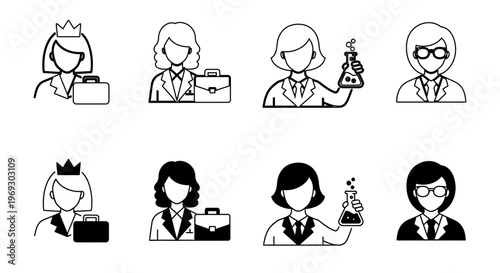 Set of Professional Women Avatars and Career Icons in Line Art and Solid Style