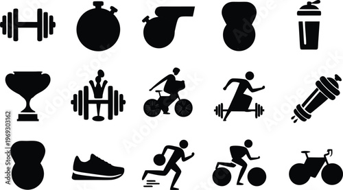 Collection of black silhouette fitness, gym, sports workout icons featuring dumbbells, stopwatch, running, cycling, kettlebell, weightlifting - cad drawing flat vector illustration