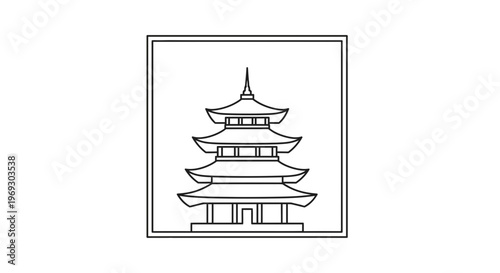 Traditional Japanese Pagoda Architecture Line Art Icon in Square Frame