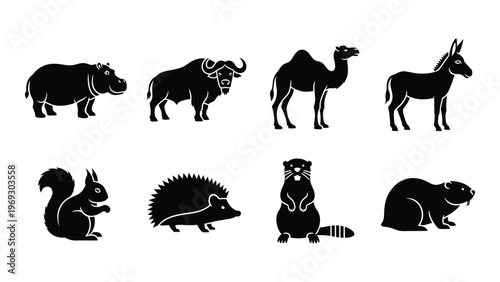 A collection of diverse animal silhouettes including a hippo bison camel and squirrel displayed in black tones silhouette high quality professional