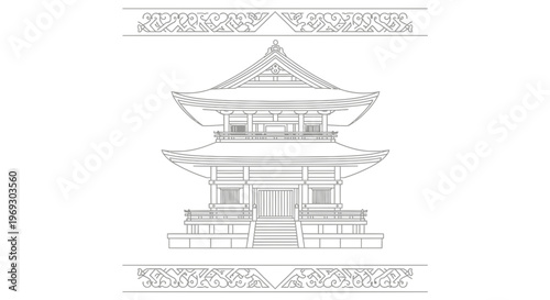 Traditional Japanese Pagoda Temple Building Outline Vector Illustration