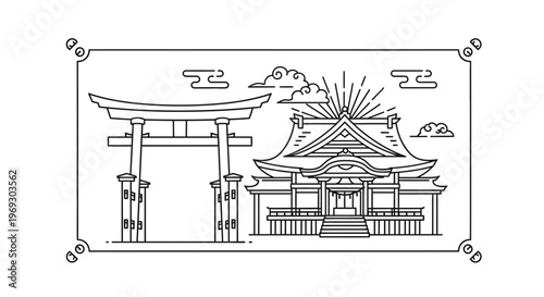 Traditional Japanese Shrine and Torii Gate Line Art Illustration