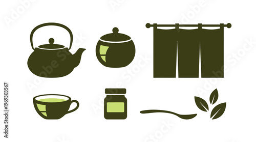 Tea time icon set: teapot, teacup, sugar jar, jar with lid, leaves and curtain silhouette in flat design