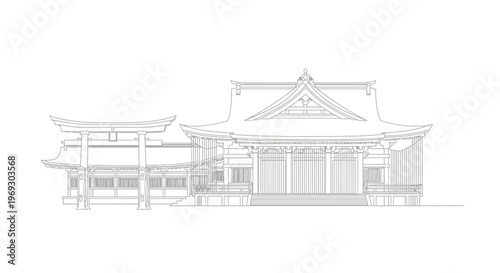 Traditional Japanese Shrine Architecture Blueprint Drawing