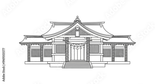 Traditional Japanese Shrine Architecture Line Art Illustration