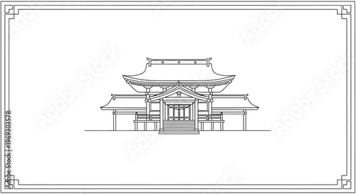 Traditional Japanese Shrine Architecture Drawing, Outline of a Temple Building