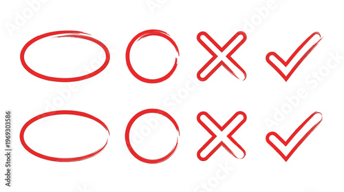 Red line vector icons set featuring oval, circle, cross and checkmark symbols in two rows