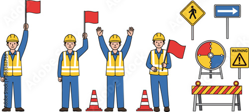 Set of Construction Workers and Traffic Control Icons Featuring Warning Signs, Cones, and Flag Signals for Road Safety and Construction Designs