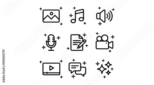 Icon collection representing multimedia content creation: photography, music, audio, podcast, writing, video, chat, and creative spark for digital media projects