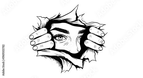 Intense Eyes Peering Through Ripped Paper Hole, Held Open by Hands – Striking Black and White Vector Illustration for Revelation, Discovery, or Hidden Emotions