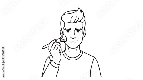 Modern Young Man Applying Face Powder with Makeup Brush, Engaging in Daily Grooming and Self-Care Beauty Routine, Line Art Illustration