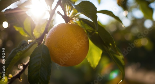 Sunlight shining on ripe yellow grapefruit on orchard branch