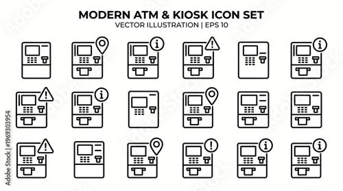 Modern ATM and Kiosk Icon Set: Vector illustrations for banking, self-service machines, cash withdrawal, payments, and card transactions