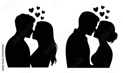 Two black cats sitting side by side with hearts floating above their heads isolated on transparent background