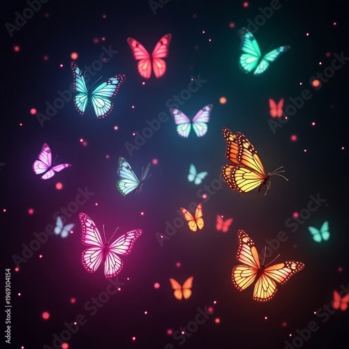 Glowing neon butterflies flying in dark night sky butterfly