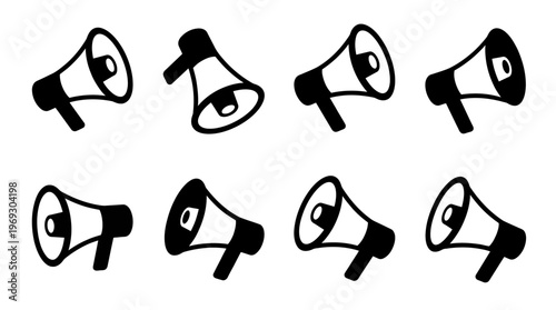 Eight black-and-white megaphone icons arranged in alternating directions, symbolizing announcements and broadcast marketing graphics