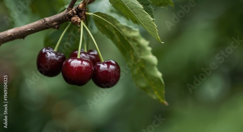 Zoomed close-up image of dark red ripe cherries attached to a woody branch with a blurred natural backdrop
