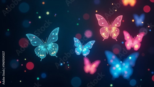Glowing Butterflies with Bokeh Lights on Dark Background