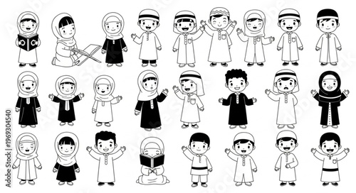 Collection of Cartoonish Arab Children in Traditional Attire.